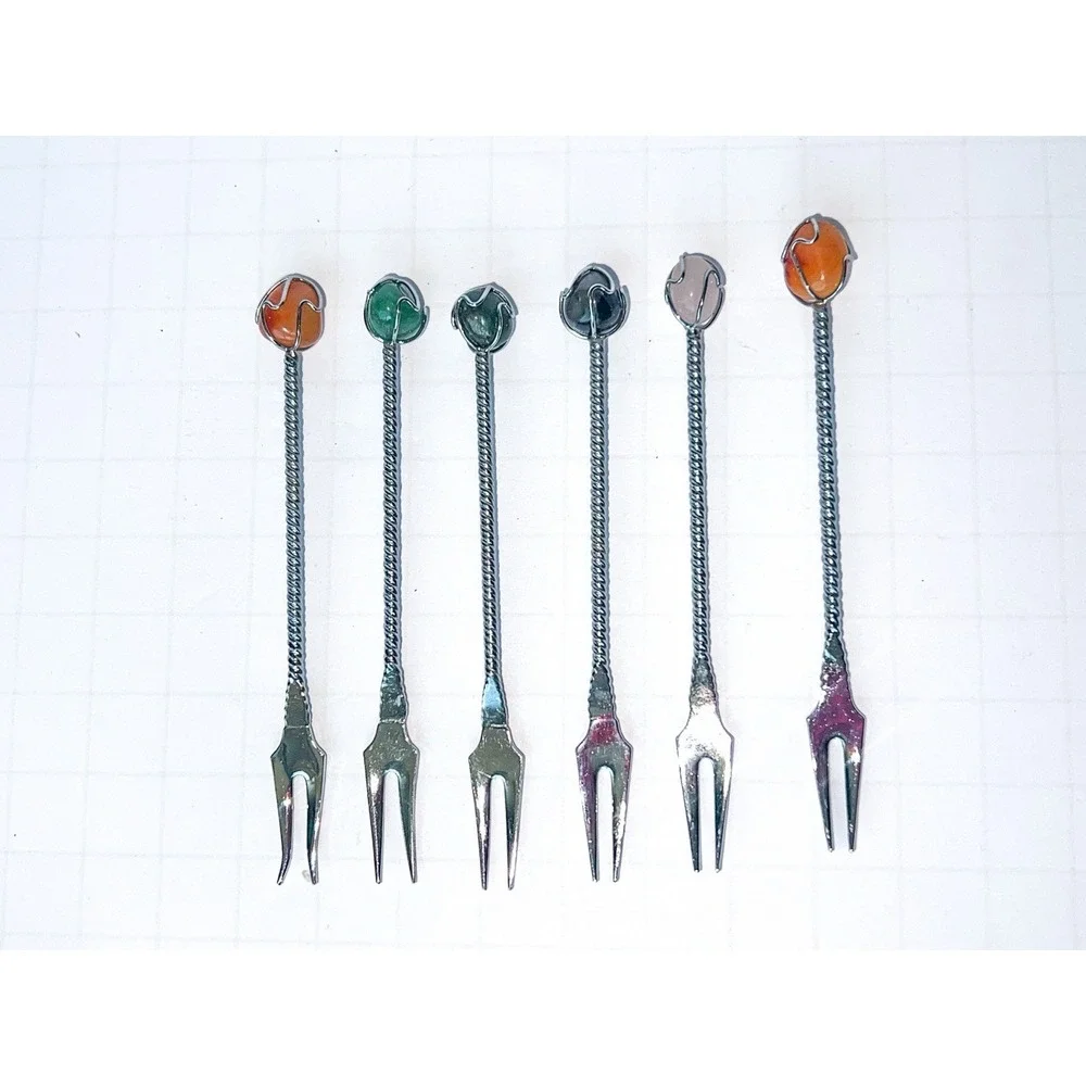 Vintage Cocktail Fork Set 6 Colored Stone Tops